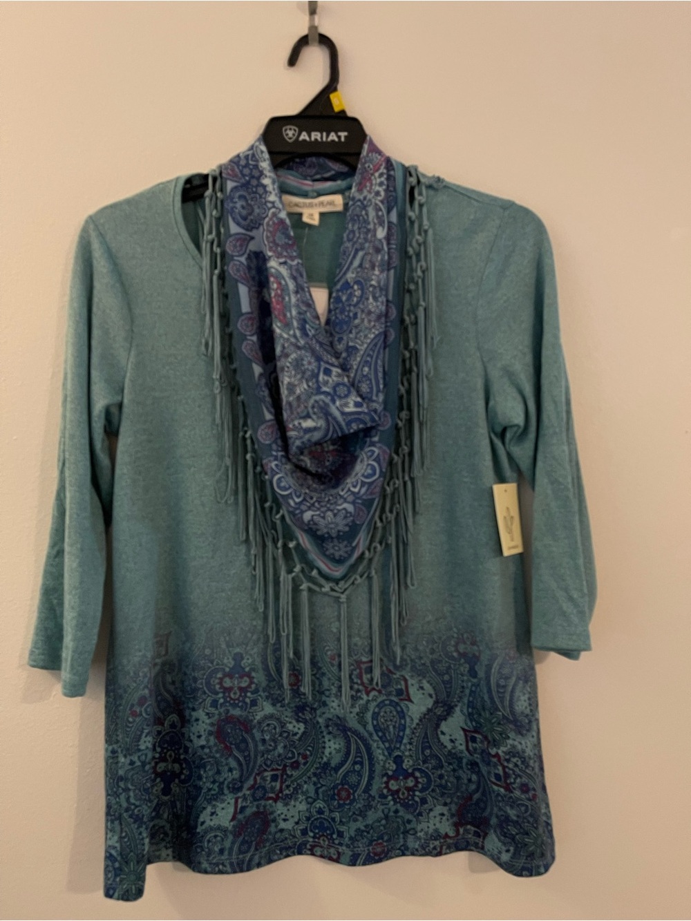 Cactus Teal Blue Paisley V-Neck Sweater with Fringe Scarf